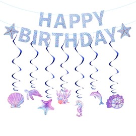 Pumwoy Mermaid Birthday Decoration, Iridescent Mermaid Garland with Seahorse, Seashell Starfish, Jellyfish, Holographic Paper Streamer, Underwater World Mermaid Party Accessories, Happy Birthday