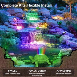 OSREE Pond Light LED Underwater with 12V Transformer, 6W Turtle Pond Lights with APP, IP68 Waterproof Fountain Lights with Long Cables for Ponds Fountain Waterfall Yard Water Feature, 2 SpotLights