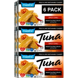 FinerFin Yellowfin Tuna In Organic Olive Oil – Spicy Chili Flavor (4.4oz can - 6 Pack); Premium Canned Fish with EVOO, Keto Friendly, Gourmet Ready-to-Eat Fillets, Wild-Caught