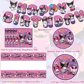 32Pcs Cute Cartoon Party Tableware Party Decorations Set with Banner, Large & Small Party Plates and Napkins, Table Cloth Party, Lovely Cartoon Theme Pink-Purple Party Decorations for Boys and Girls