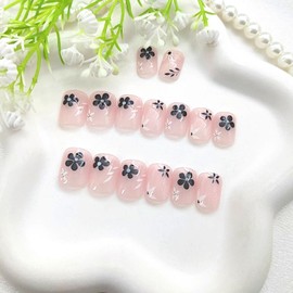 Press on Nails Short Square Fake Nails with Flower Leaves Dot Designs Pink Translucent Acrylic Nails Glossy Glue on Nails Full Cover Artificial Nails Reusable Stick on Nails for Women 24 Pcs