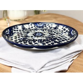 Talavera Blue and White Ceramic Dinnerware Platter, 15x11.5 Inches – Handcrafted Mexican Pottery Serving Tray for Meats and Appetizers