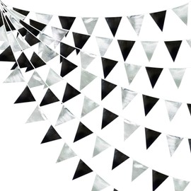 32 ft Black and Silver Party Decorations Triangular Metallic Fabric Bunting Banner Garland for Birthday Graduation Retirement Wedding Bachelorette Bridal Shower Disco Party Supplies