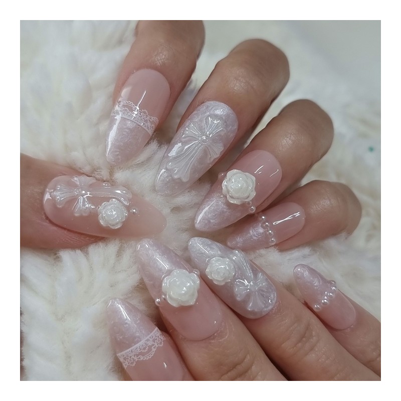 Rose Veil Cross Handmade Nail Tips Wedding Pearl Shell -