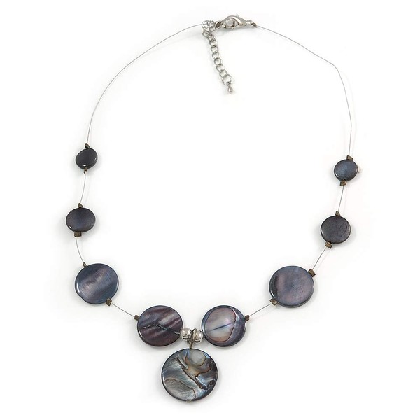 Avalaya Delicate Floating Dark Grey Shell Bead Wire Necklace in