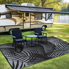 GENIMO Outdoor Rug 8' x 10' Waterproof for Patio Clearance, Reversible Plastic Straw Camping Carpet, Large Area Rugs Mats for Rv, Backyard, Deck, Porch, Picnic, Beach, Balcony, Black & Gray