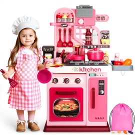 DRAMATION Kids Kitchen Playset, 27.1 Inches Play Kitchen with Sound and Light, Kitchen Set for Toddlers 1-3 3-5, Cooking Stove, Play Sink and Kitchen Accessories, Toddler Kitchen Playset(Pink)