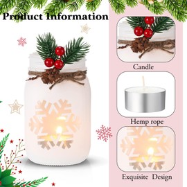 Honeydak 3 Pcs Christmas Table Centerpiece Decoration Set Rustic Mason Jar Tea Light Candle Holders with 6 Pcs Tealight Candles for Xmas Mason Decor Christmas Jars Supplies (Snowflakes Bells)