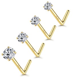 Jstyle 4 Pcs 14K Gold Filled Nose Studs 20G Stainless Steel Stud Nose Ring 1.5-3mm Round CZ Simulated Diamond L Bend Nose Stud Hypoallergenic Nose Piercing