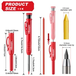 Hiboom 3 Pack Carpenter Pencils Set with 24 Refills, 2.8 mm Carpenters Mechanical Pencil Built in Sharpener Woodworking Marking Tool Solid Long Nosed Deep Hole Construction Pencil