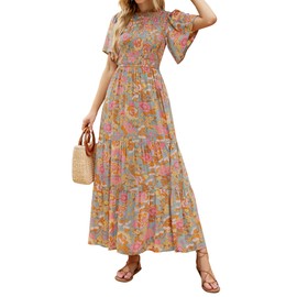 ZESICA Women's 2024 Summer Casual Floral Print Short Flutter Sleeve Crew Neck Smocked High Waist Flowy Maxi Dress,GreyGreen,Medium