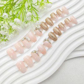 Coffin Press on Nails Short Fake Nails Light Pink & White Gradient Glue on Nails Golden Sequins Rhinestons Pearl Designs False Nails Press ons Artificial Acrylic Nails for Girls 24Pcs