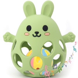 Grab Ball for Babies Montessori Toy Baby, Teething Aid Baby BPA-Free Biting Toy Baby, Baby Gift for Babies from 3-18 Months (Olive Green, Rabbit)