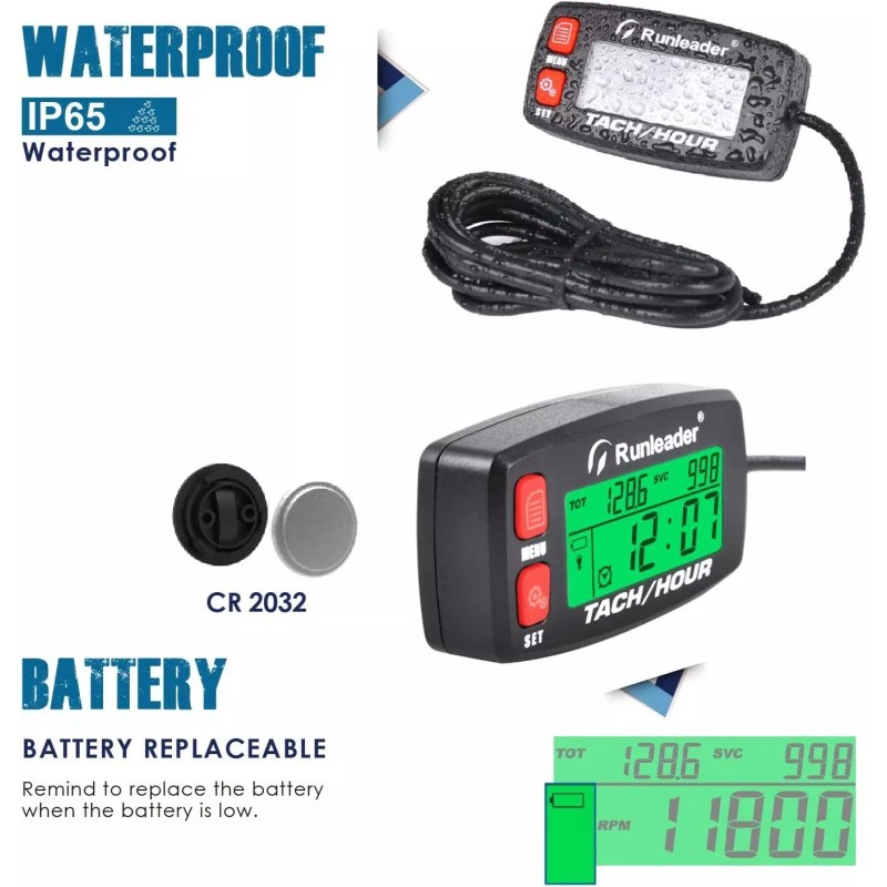 Runleader Digital Tach Hour Meter Self Powered Maintenance RPM Alert