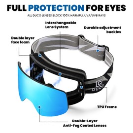 DUCO Ski Goggles Snowboard for Men Women,OTG Lightweight Winter Snowmobile Snow Goggles Anti-Fog 100% UV Protection DCS001 (Black Frame Revo Blue+Silver Lens)