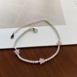 AOBOCO Flower Tennis Bracelet 925 Sterling Silver Cubic Zirconia Adjustable Bracelet Birthday Gifts for Her Women (Pink)