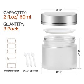 2 oz Frosted Round Glass Jars, Pack of 3 with Silver Plastic Lids, Cosmetics Containers for Face Cream Lotion, Powder, Candle, Spice, Body Butter