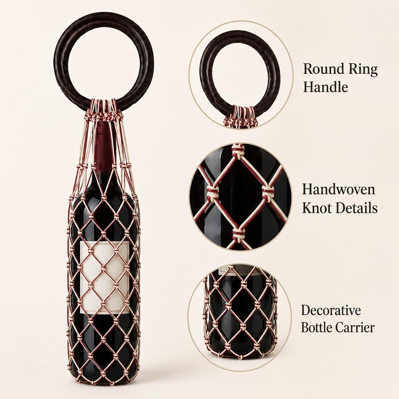 Woven Wine Bottle Tote Bag Wooden Ring Handle Macrame Carrier