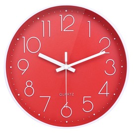 Yoiolclc Wall Clock Battery Operated Non-Ticking Modern Analog Wall Clocks for Kitchen, Bedroom Decor (10 Inch, Red)