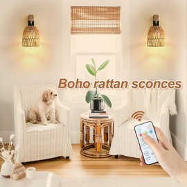 Espossi Battery Operated Wall Sconce, Boho Battery Wall Sconces Set of 2, Rattan Farmhouse Wall Lamp with Remote Control, Dimmable Wireless Wall Light for Bedroom, Living Room, Entryway