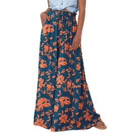 PRETTYGARDEN Women's 2025 Summer Wide Leg Palazzo Pants High Waisted Flowy Pockets Trendy Casual Lounge Boho Beach Trousers (Print Dark Blue Orange,X-Large)