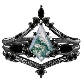 Black Moss Agate Rings Set for Women Sterling Silver Kite Cut Moss Agate Engagement Wedding Ring for Women Wife Vintage Bridal Ring Set Size 9