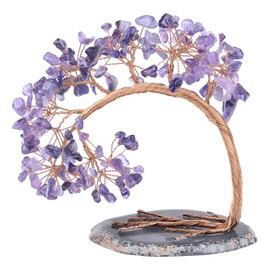 Cheungshing Handmade Natural Crystal Money Tree with Agate Slice Base Good Luck Feng Shui Bonsai Tree for Home Office Table Decoration, Amethyst
