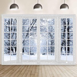 MEHOFOND 7x5ft Winter Window Backdrops for Photography Winter Wonderland Backdrop Christmas Decorations Winter Windows Snow Forest Landscape Banner Snowflake Xmas Photo Studio Background Props