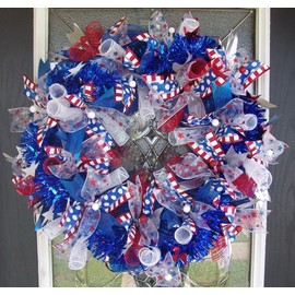 XL Patriotic 4th of July BLING Deco Mesh Front Door Wreath Home Holiday Decor Funky Fun Festive Summer Birthday Party Decor Indoor Outdoor