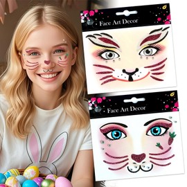 Totelux Easter Rabbit Face Tattoos Glitter Bunny Tattoos Cute Face Stickers with Gems Eye Body Fake Temporary Tattoo for Adult kids Makeup Easter Party Decoration Supplies
