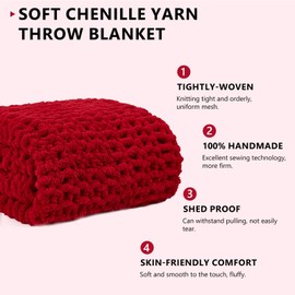 L'AGRATY Chunky Knit Blanket Throw - Soft Chunky Throw Blanket 50x60: 100% Hand Kintted Chenile Crochet Blanket Large Cable Knit Chunky Blanket - Rope Knot Throw Blanket for Couch Home Decor(Red)