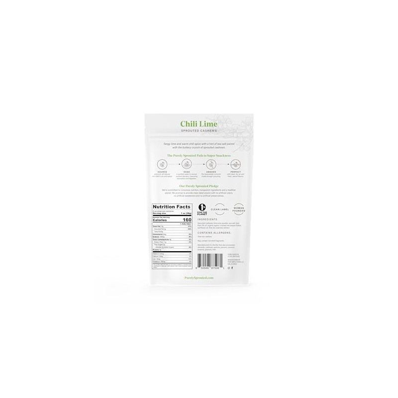 Purely Sprouted Cashews Chili Lime Sea Salt, Non-GMO Superfood for