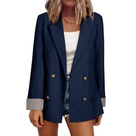 Happy Saild Women's Double Breasted Blazer, Open Front Long Sleeve Jacket with Plaid Cuff - Office Attire & Business Casual Suit Fall Outfits Navy Blue Large