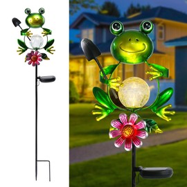 Afirst Solar Lights Outdoor Decorative Metal Frog Crackle Glass Globe Warm White LED Metal Waterproof Garden Stake Lights for Walkway Pathway Lawn Patio Yard Decorations