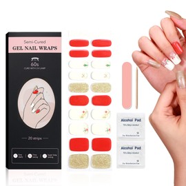 WOKOTO 20 Tips Christmas Semi-Cured Gel Nail Strips Wraps With 2 Prep Pads Nail File And Wood Stick Press On Christmas Nail Stickers For Women Girls Snowman Gel Nail Strips Set Nail Gel Wraps