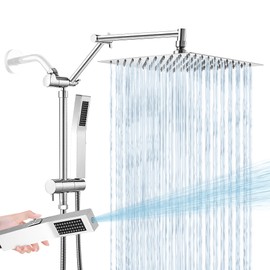 All Metal 10 Inch Rain Shower Head with Handheld Spray Combo, High Pressure Waterfall Rainfall Square Shower Heads with 16" Adjustable Extension Arm, Dual Showerhead with 3-Way Diverter, Chrome