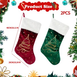 Christmas Stocking Set,Velvet Christmas Stockings,Red Green Velvet Stocking,Embroidered Patterned Large Xmas Stockings,Hanging Stockings Ornamemts for Family Christmas Holiday Party Decorations