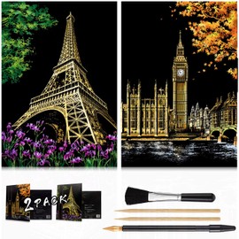 MUGIT 2 Pack Scratch Art Rainbow Painting Paper, Sketch Pad DIY Night View Scratchboard for Kids & Adults, Engraving Art & Craft Set, Painting Creative Gift, 16'' x 11.2'' (Eiffel Tower/Big Ben)