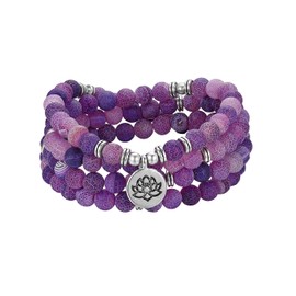 Flongo Beads Gemstone Yoga Bracelet Wrap Bracelet Natural Stone Buddha Buddhist Tibetan Prayer Beads Healing Reiki Mala Chain Necklace with Lotus Pendant, Stone