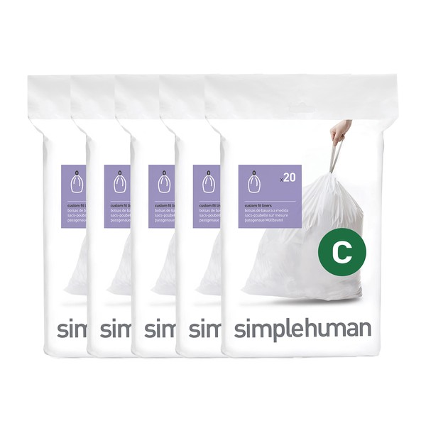 simplehuman Code C Custom Fit Drawstring Trash Bags in Dispenser Packs, 100 Count, 10-12 Liter / 2.6-3.2 Gallon, White