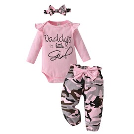 Newborn Baby Girls Clothes Long Sleeves Romper Infant Ruffle Top Camouflage/Tie-dye Pants Bow Headband Fall 3Pcs Outfit Set 9-12 Months