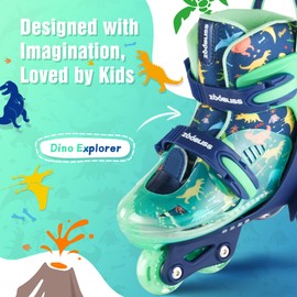 Kids Roller Skates for Beginners - ZOOBLISS Toddler Roller Skates for Boys Ages 3-7 with Light-Up Wheels & 4 Adjustable Sizes, Tri-Wheel Training Skates for Kids (Dino Blue)