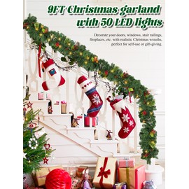 DGSHIRLDJO 9 FT Christmas Garland with Lights, Battery Operated Garland with 50 LED Lights, Christmas Decoration for Home Stairs Fireplace Front Porch Door Display Indoor Outdoor