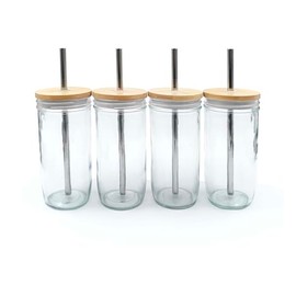 Elk and Friends Glass Mason Jars 24oz with Bamboo Straw Lids + Stainless Steel Straws | Smoothie + Iced Coffee + Bubble Tea Cups | Glass Cups with Lids and Straws