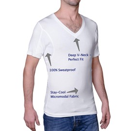 Sweatproof Undershirt for Men, V-Neck, White, Sweat Pads (1, Large)