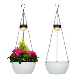 2 Packs Solar Hanging Basket Planters for Plants Outdoor, Self Watering White Flower Plants Pots with Solar Light Drainer for Balcony Patio Garden Outdoor Decoration