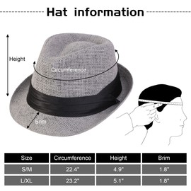 Simplicity Straw Trilby Hats Men's Sun Hats Havana Hat Men Gangster Hat Gray Fedora Hats Women Short Brim Straw Fedora Hat Grey L/XL