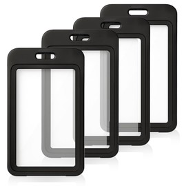 4-Pack Double-Sided Vertical ID Badge Holders – Black Hard Plastic Card Protectors with Clear Windows for Office, School, Access & Credit Cards