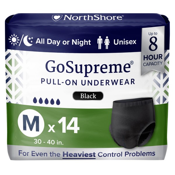 NorthShore GoSupreme Overnight Incontinence Underwear, 8-Hour Pullup Style, Medium, 14 Count Bag, Black, 30-40 inches, Unisex Adult Diapers