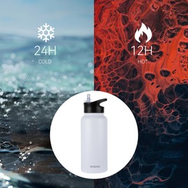 MURBONE Stainless Steel Drinking Bottle 500 ml (+ 2 Lids) with Straw, BPA-Free, Leak-Proof, Suitable for Carbonated Drinks, Thermos Flask, Vacuum Double Wall Insulation for Sports, Travel, Camping